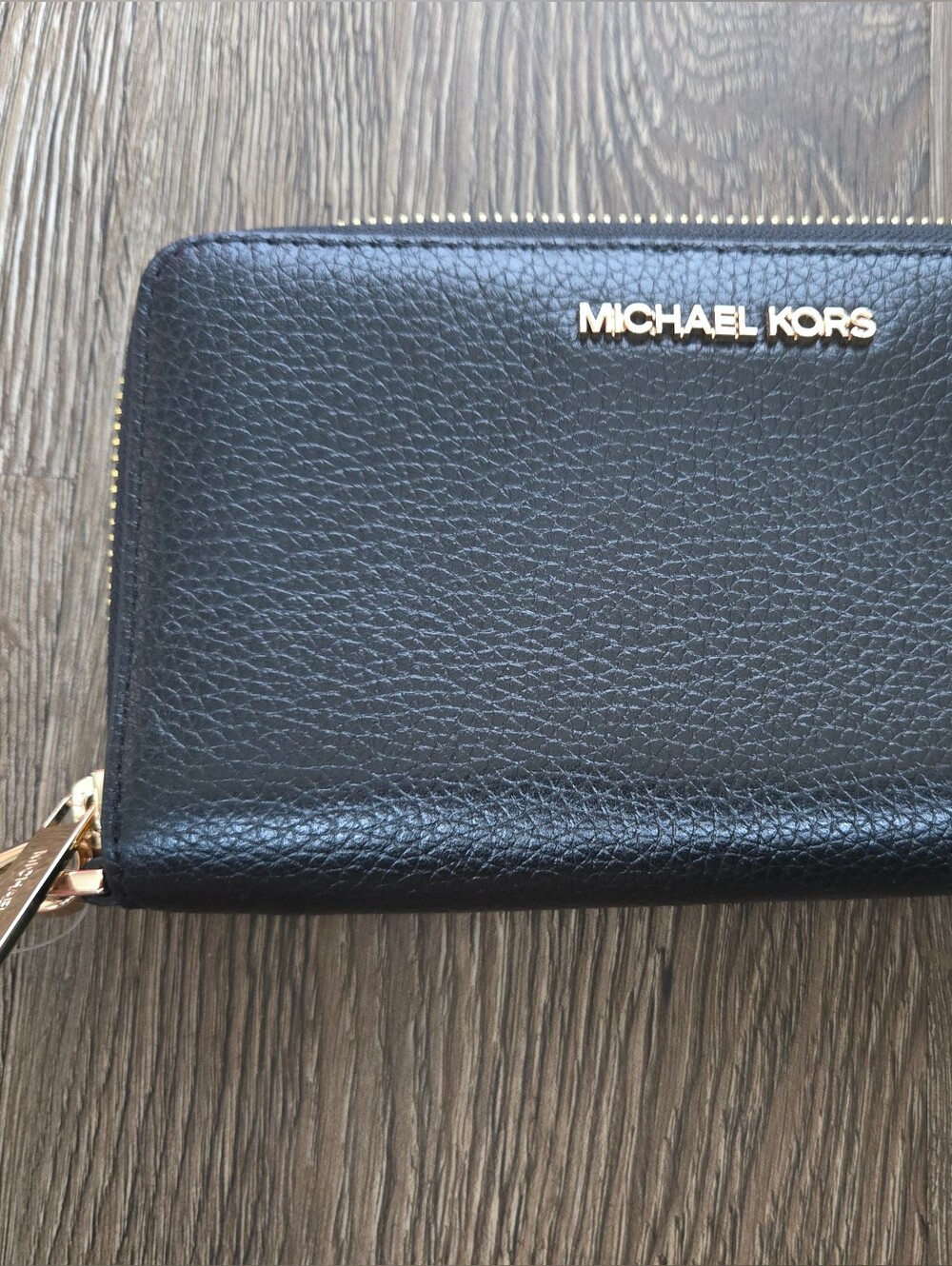 Michael Kors Black Leather Zip-Around Wallet with Gold Hardware